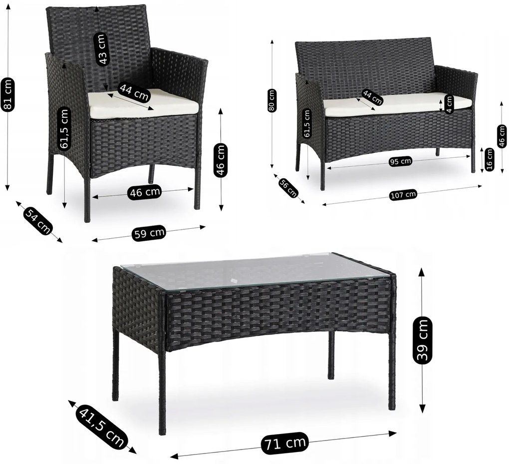 Mały zestaw mebli ogrodowych technorattan Missisipi, czarny/beżowy