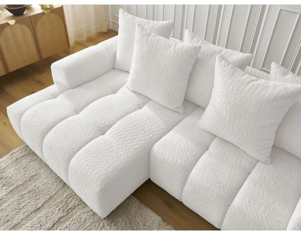 Biały rozkładany narożnik z materiału bouclé ze schowkiem (lewostronny/z szezlongiem) Roxelane – Bobochic Paris