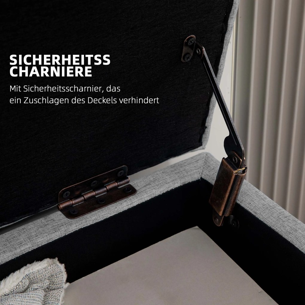 HOMCOM Ławka tapicerowana z przestrzenią do przechowywania, wykończenie w wyglądzie lnu, nogi z drewna kauczukowego, do 220 kg, 110x39x45cm, szara