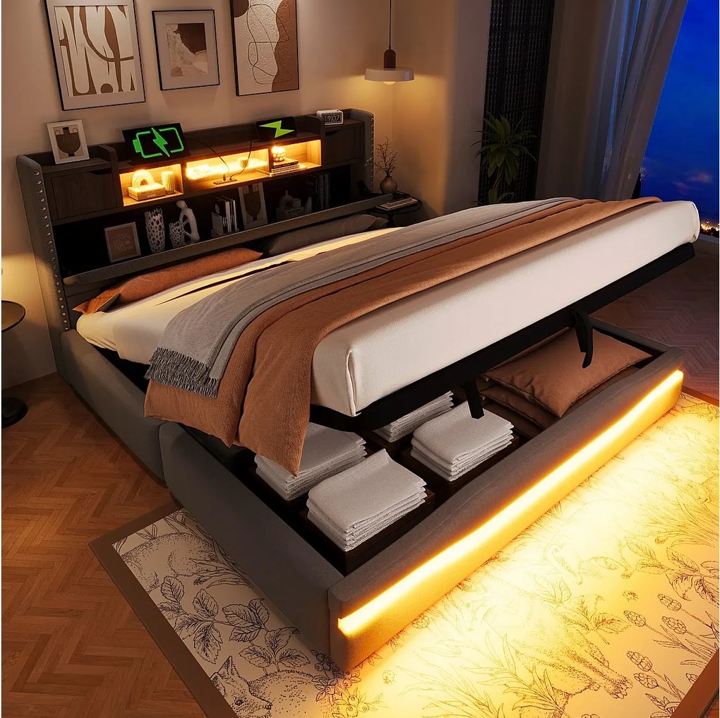 Łóżko tapicerowane z pojemnikiem - 180 x 200 cm - z USB-C + diodami LED - zagłówek ze schowkiem - len + płyta MDF - szare