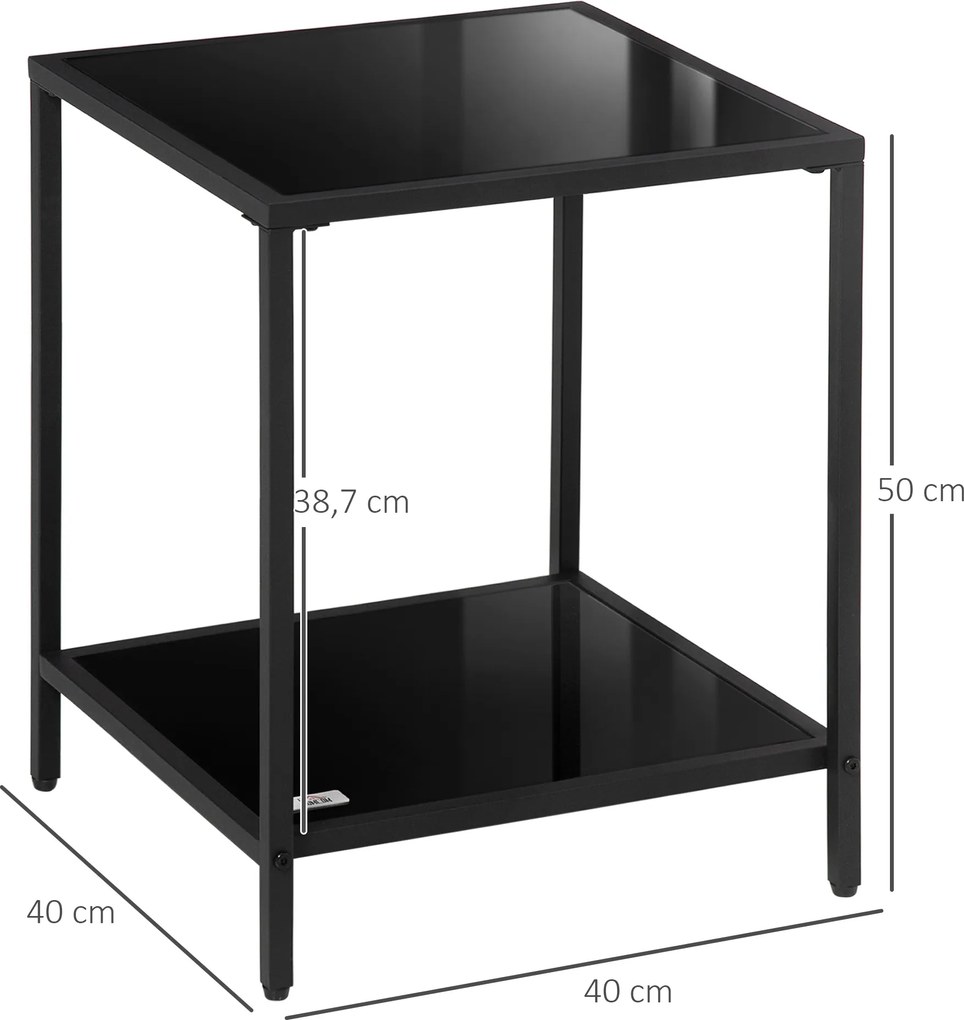HOMCOM Stolik pomocniczy ze szklanymi blatami hartowanymi, dwupoziomowy, klasyczny design z metalową strukturą, czarny