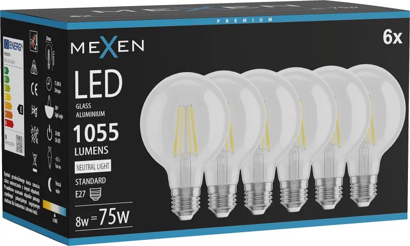 Mexen Vintis 6x żarówka filament LED E27, G80, 8W, Neutralna - 4000K, 1055 lm, clear - L155-E27-0840-00x06