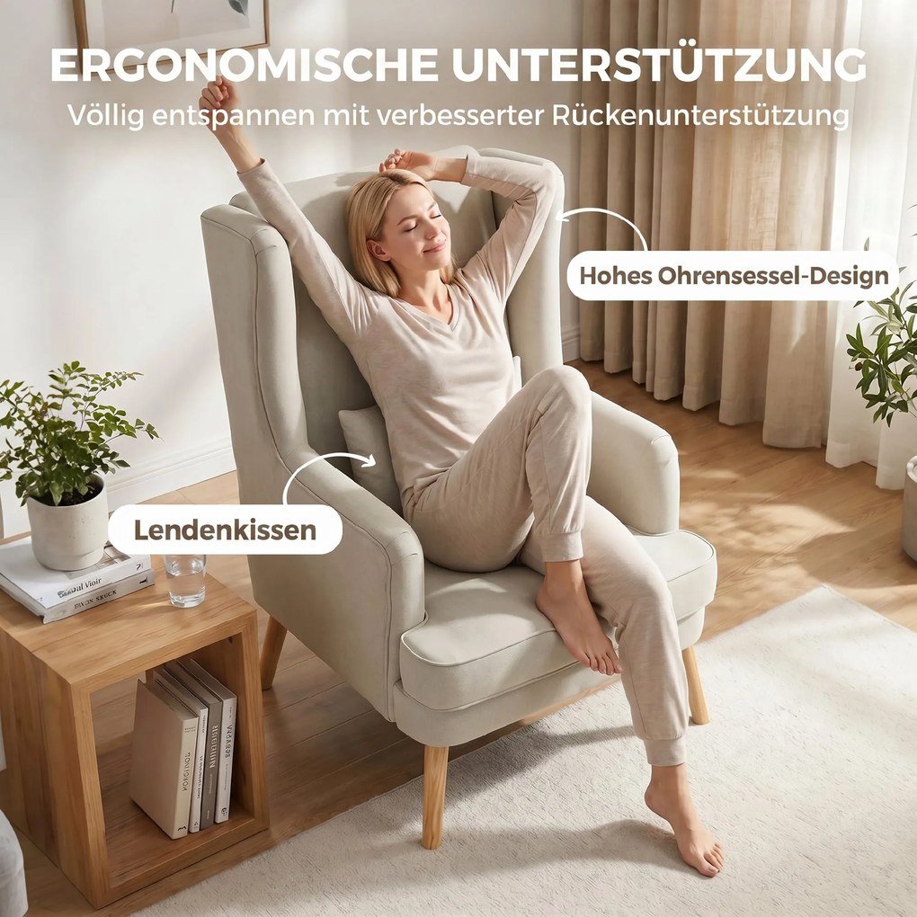HOMCOM Fotel akcentowy, fotel o wyglądzie lnu, wysokie oparcie, szerokie siedzisko, poduszka lędźwiowa, beżowy | Aosom PL
