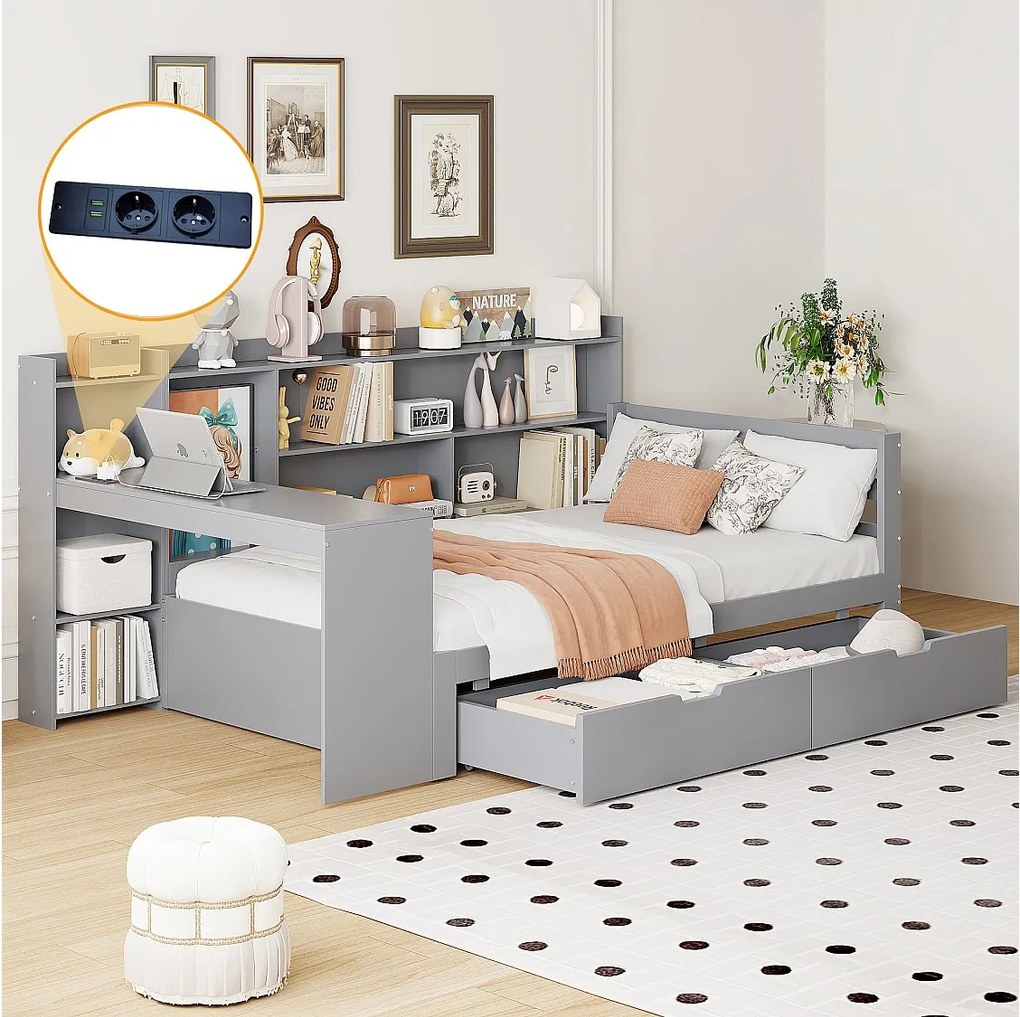 Sofa dziecięca z funkcją spania - 90 x 200 cm - z biurkiem + regałem + półkami do przechowywania - MDF - szary