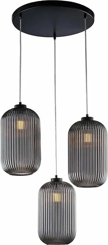 Lampa wisząca Krizia z czarnego lakierowanego żelaza z regulowanymi kablami i kloszami z lustrzanego szarego szkła dmuchanego z wytłoczonym wzorem w paski, 3 lampy