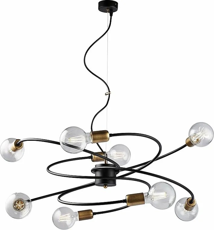 Vortex lampa wisząca czarne żelazo, szczotkowany mosiądz, regulowany kabel, 8 lamp, Ø70 cm