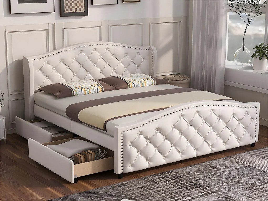 Łóżko dwuosobowe tapicerowane w skórze ekologicznej - 160x200cm - z 2 szufladami - Białe