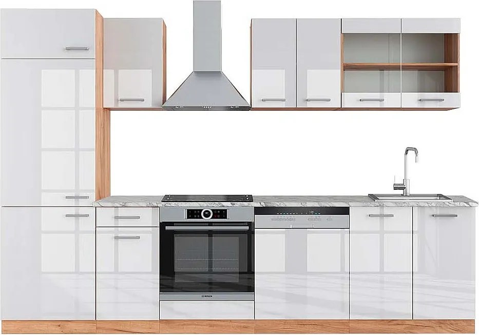 Aneks kuchenny biały wysoki połysk/złoty dąb power 300x60x81.6 r-line