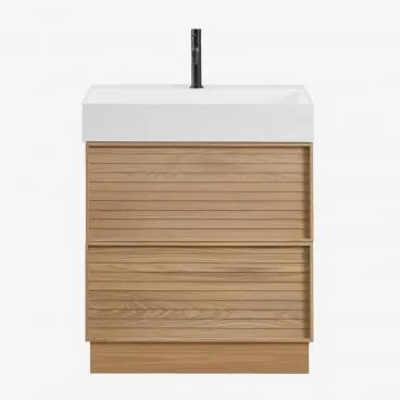 Drewniany Zestaw Mebli Łazienkowych Jolene Ze Zintegrowaną Umywalką Naturalna & Bezlusterkowiec & Czarny Matowy ↑20 - Sklum