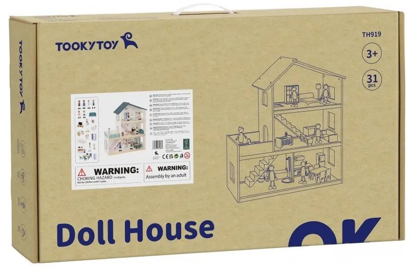 Tooky toy duży drewniany domek dla lalek + figurki fsc