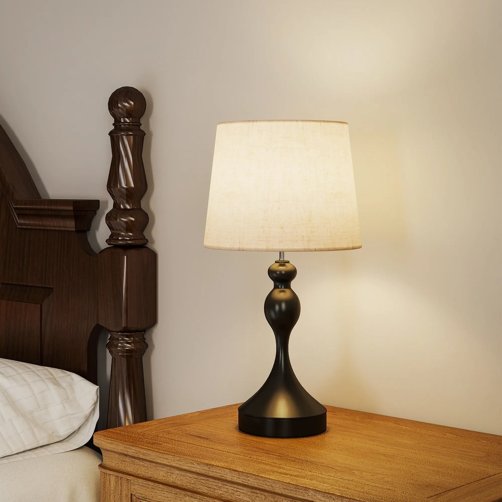 HOMCOM Lampa stołowa LED z 3 temperaturami barwowymi, lampka nocna z portami ładowania USB A+C, lniany abażur, czarna