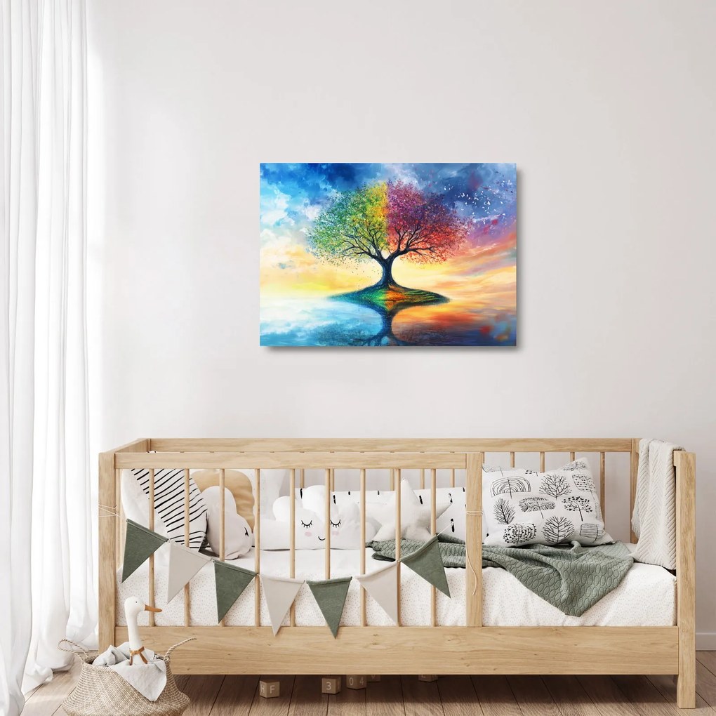 Obraz na szkle – Malowane drzewo czterech pór roku (70x50 cm)