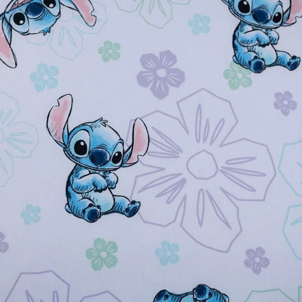 Białe bawełniane prześcieradło dziecięce z gumką jednoosobowe 90x200 cm Lilo and Stitch "Ohana White" – Jerry Fabrics