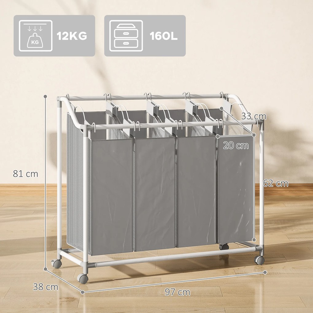 HOMCOM Kosz na pranie z 4 przegródkami 160 L z kółkami, wyjmowany worek na pranie, 97 x 38 x 81 cm, Szary
