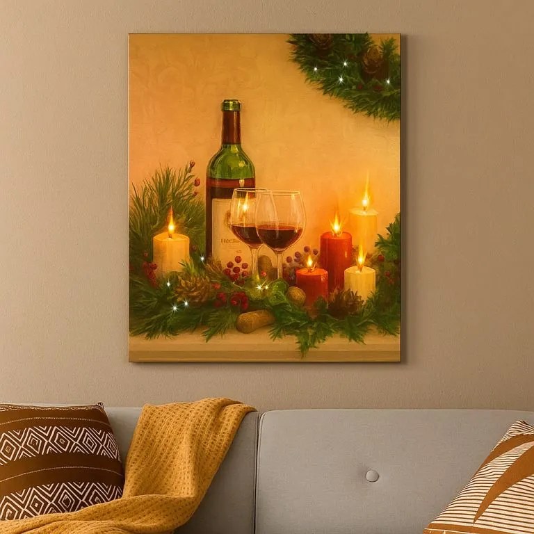Podświetlany obraz - świece z winem, 5 LED, 30 x 40 cm