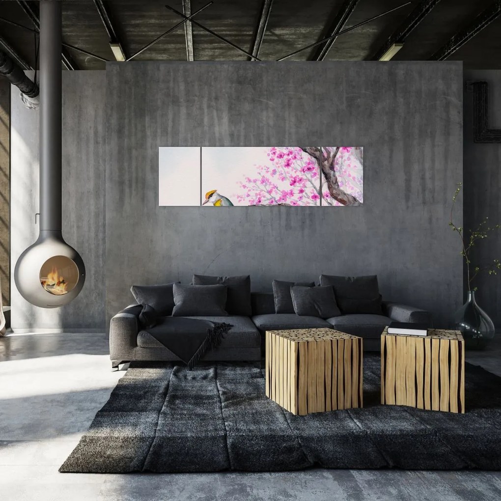 Obraz - ptak na drzewie z różowymi kwiatami (170x50 cm)