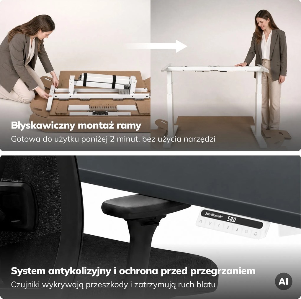 Biurko elektryczne z regulacją wysokości ergonomiczne biało-antracytowe,1200x600 mm: ARIA