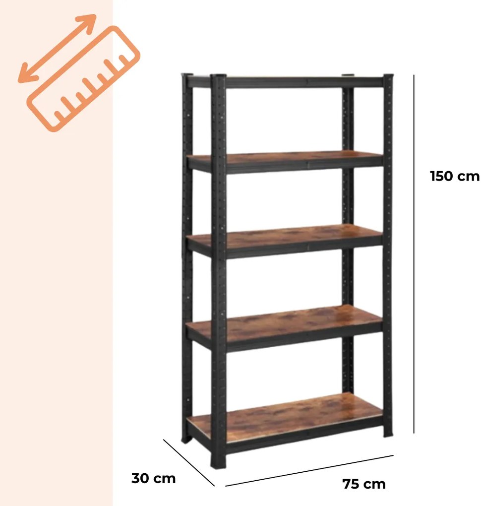 Regał DUSTY, 5 półek, max 650kg, czarna/brązowa SongmicsHome