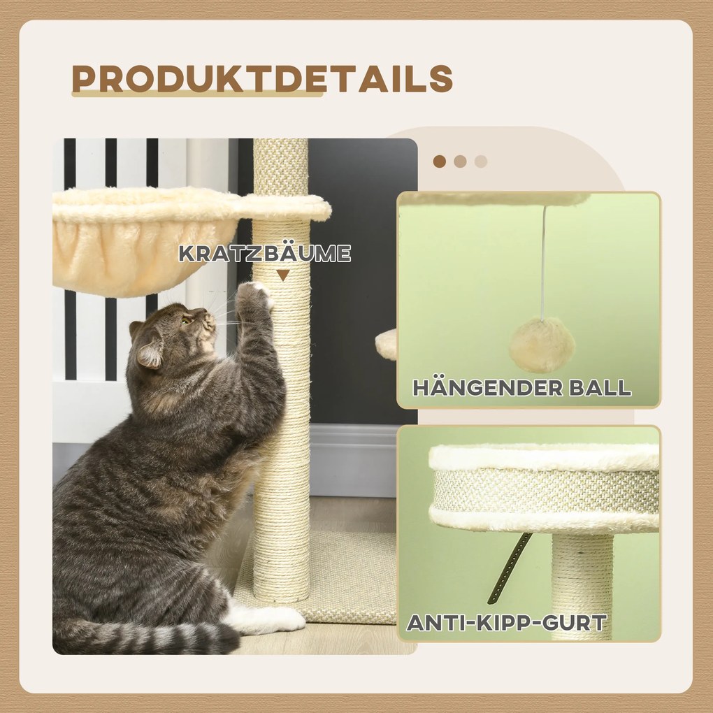 PawHut Drzewko dla kota z piłeczką do zabawy i drapakiem Przestrzeń do zabawy i odpoczynku Brązowy Beż Biały | Aosom PL