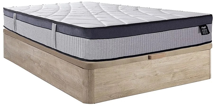 Zestaw 140 x 190 cm stelaż z jasną naturalna ze skrzynią + materac hybrydowy z 5-strefowymi sprężynami kieszeniowymi i pianką z pamięcią kształtu grub. 30 cm - PATNOS marki YSMÉE