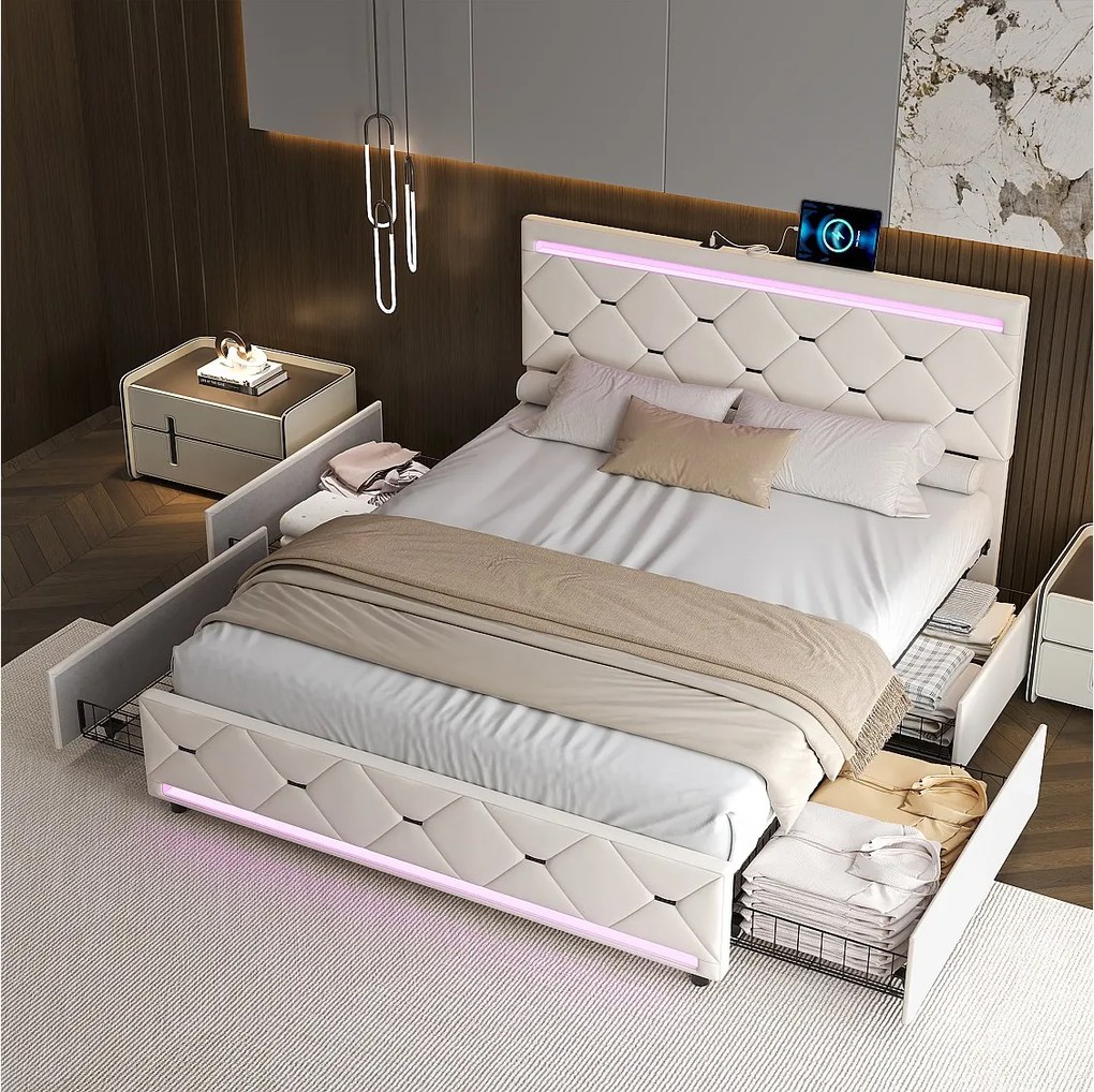 Pikowane łóżko z beżowego aksamitu 140x190 cm z bocznymi szufladami, oświetleniem LED RGB i wbudowanymi portami USB