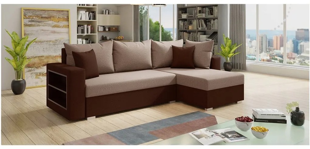 Sofa narożna KONGO, uniwersalny mebel z funkcją spania i praktyczną półką