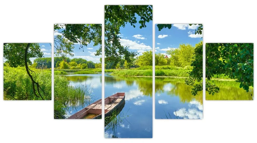 Obraz letniej rzeki z łodzią (125x70 cm)