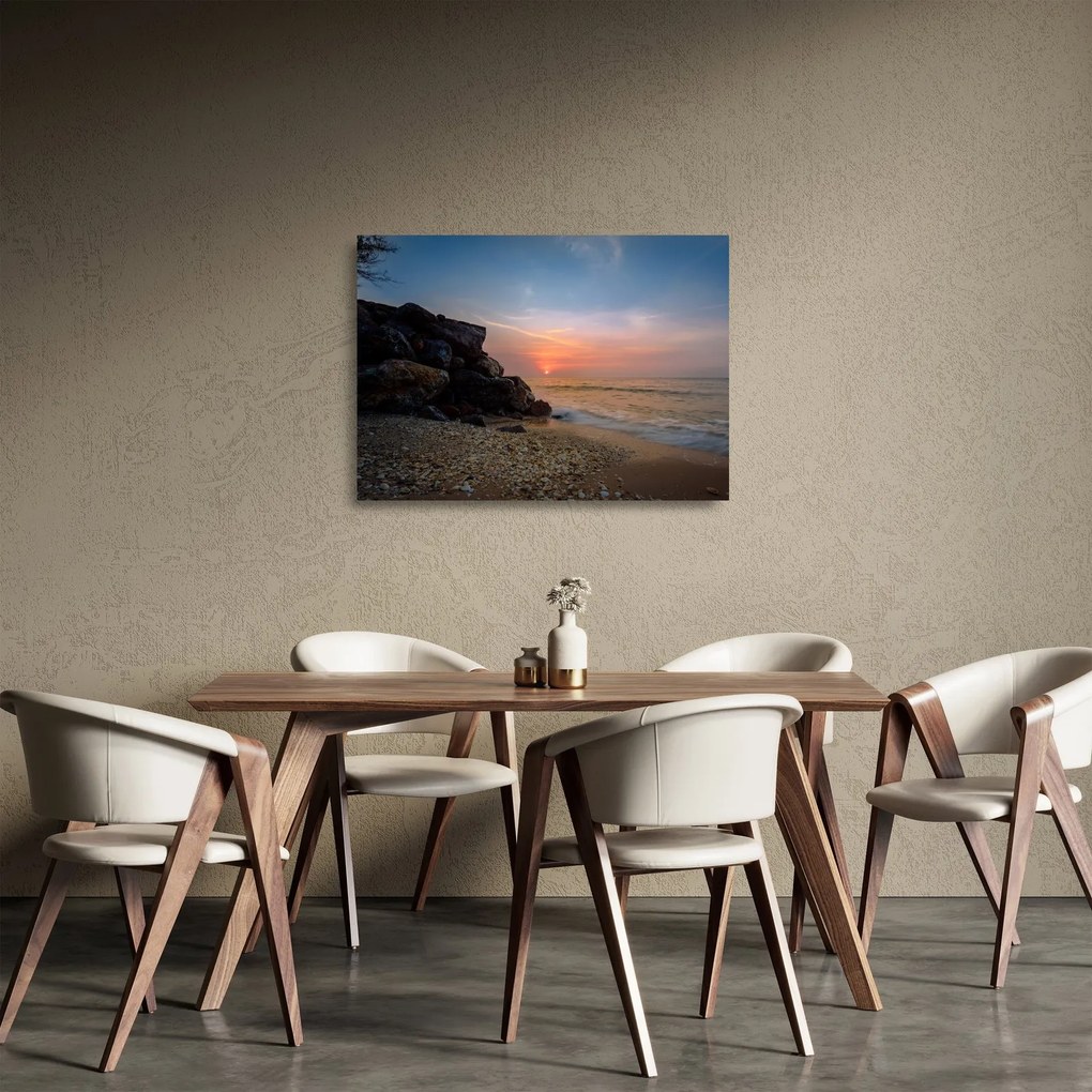Obraz na szkle - zachód słońca na plaży (70x50 cm)