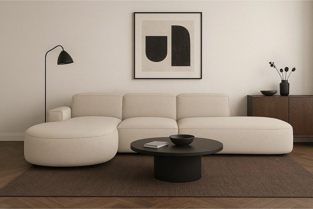 Narożnik modułowy CURSAL F lewostronny 364×166×70 cm kremowy Raven 24 – zaokrąglone leżanki, wolnostojący