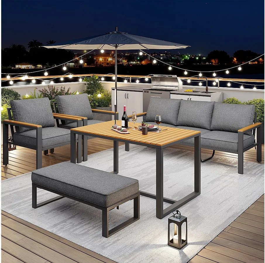 Salon ogrodowy, zestaw mebli z tworzywa drewnopodobnego na 6-7 osób - Kanapa 3-osobowa - z żelaza ocynkowanego - stoły - 2 fotele - ławka, Szary