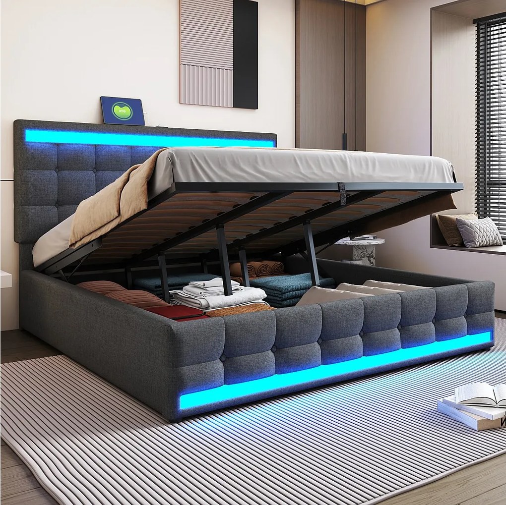 Łóżko z pojemnikiem 180x200 cm, szary len, łóżko podwójne z oświetleniem LED i portem USB – materac nie jest wliczony w cenę