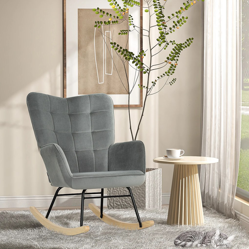HOMCOM Wintage fotel bujany, zakrzywione płózki, gruba tapicerka, drewno bukowe & stal, ciemnoszary