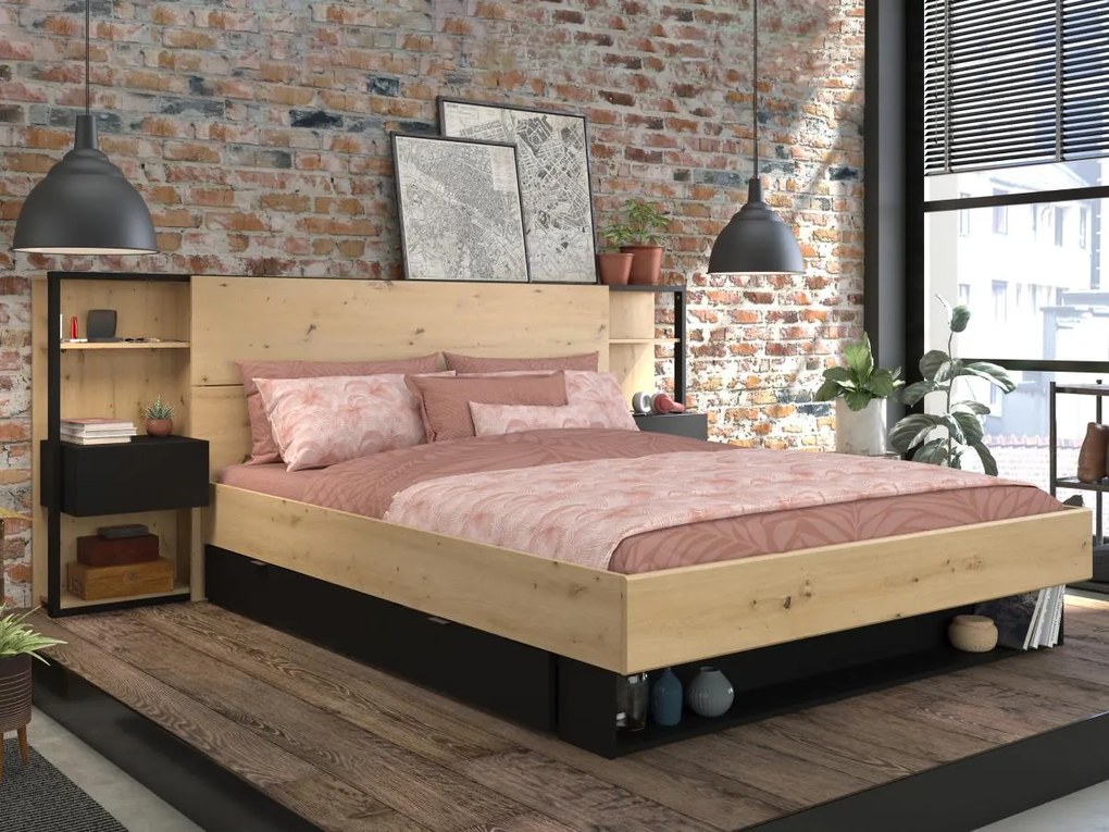 Łóżko ze stolikami nocnymi i z miejscem do przechowywania 160 x 200 cm - Kolor: Naturalny i czarny - MISTA