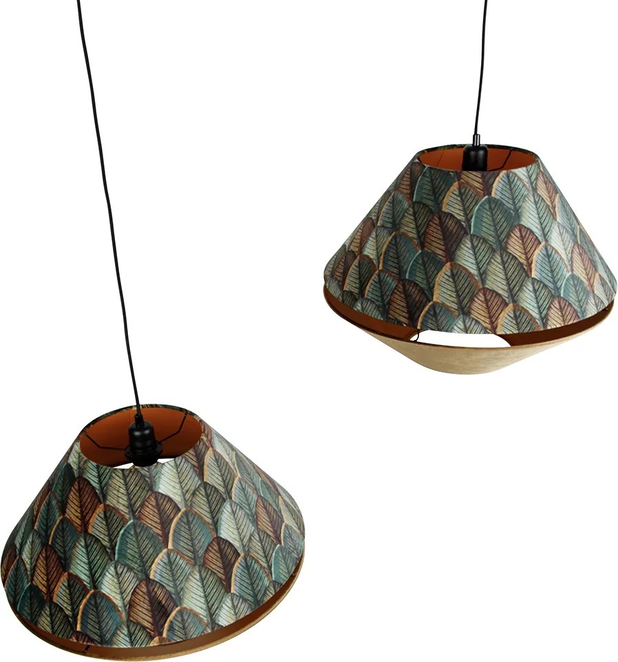 Lampa wisząca czarna z podwójnym aksamitnym abażurem z motywem liści i beżowym kolorem 2-źródła światła - Cava Luxe