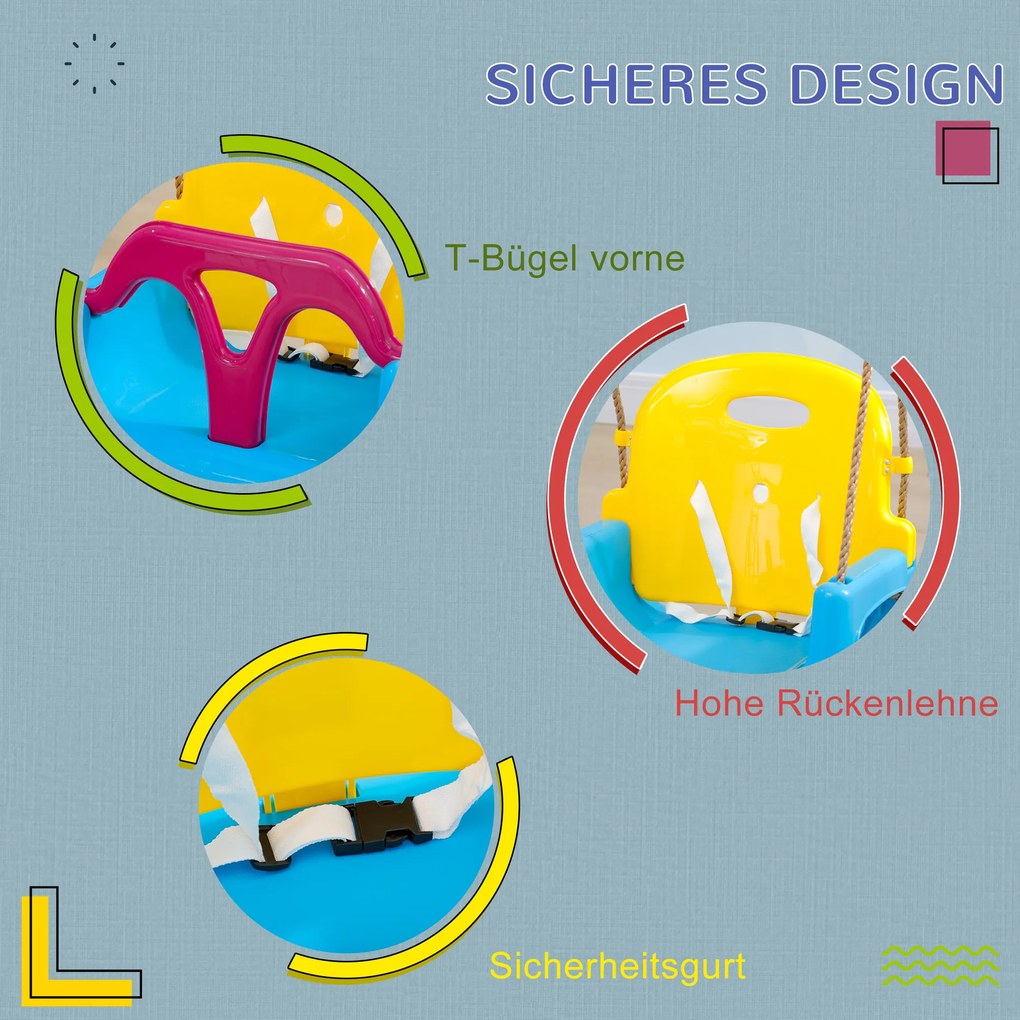 Outsunny huśtawka 3w1 dla dzieci z regulacją sznurka niebieska żółta fioletowa bezpieczna zabawa | Aosom PL