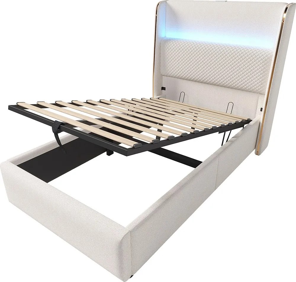 Łóżko dziecięce z pojemnikiem 90x200 cm z portem USB i LED, zagłówek wyściełany - len beżowy (Z materacem)