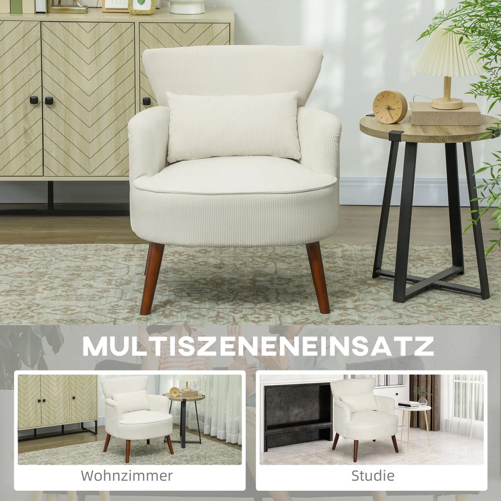 HOMCOM Nowoczesny Fotel z Podłokietnikami, Tapicerowany Akcentowy Fotel z Poduszką Lędźwiową, Nogi z Drewna Kauczukowego, Kremowy