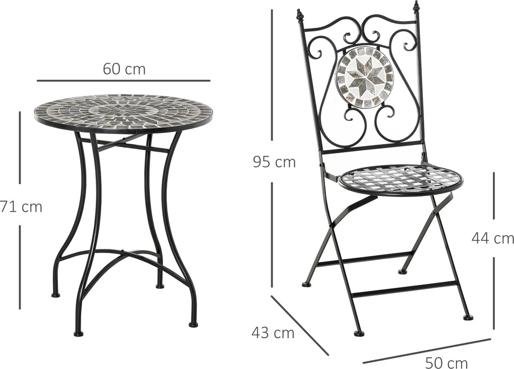 Outsunny Garten Sitzgruppe 3-teilige Mosaiktisch Essgruppe Gartenmöbel-Set 1 Tisch+2 faltbare Stühle Garten Metall Keramikfliese Mehrfarbing | Aosom.pl