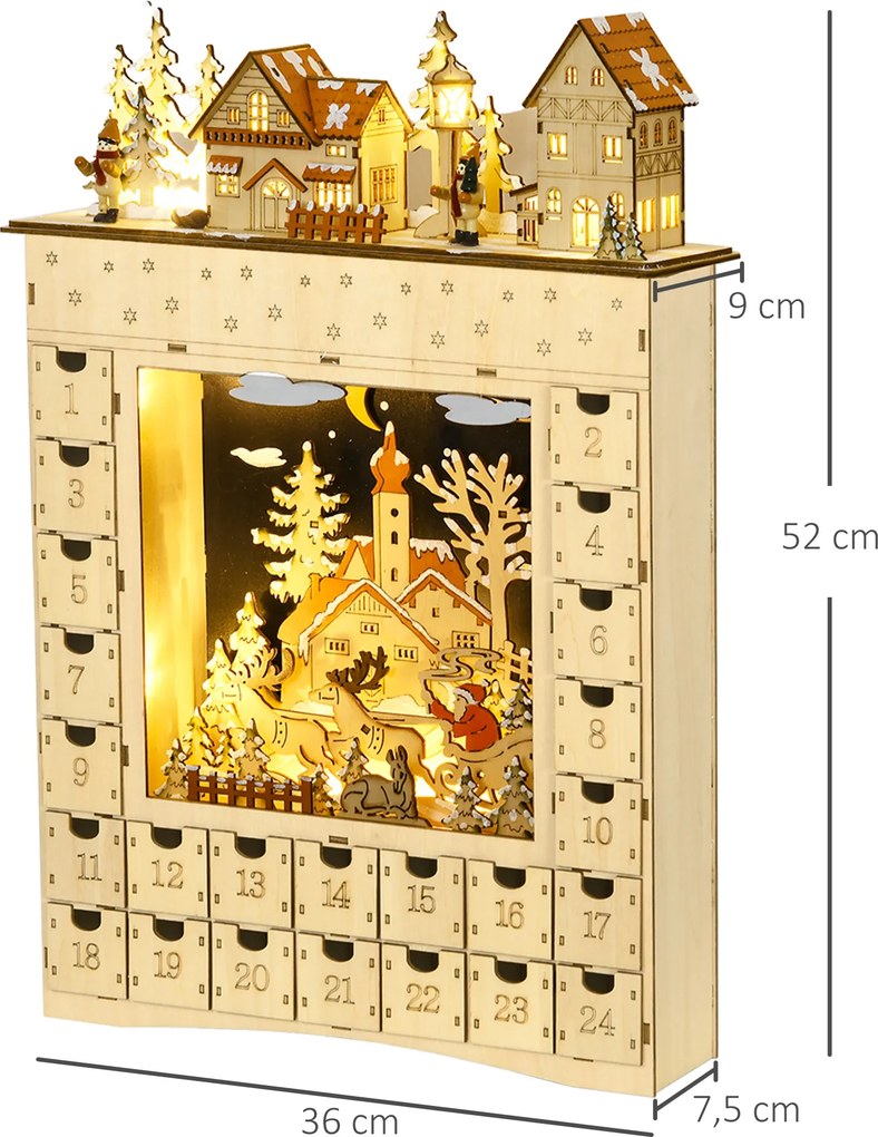 HOMCOM Kalendarz świąteczny do napełnienia, 24 szufladki z diodami LED, drewno naturalne, 36 x 9 x 52 cm | Aosom PL