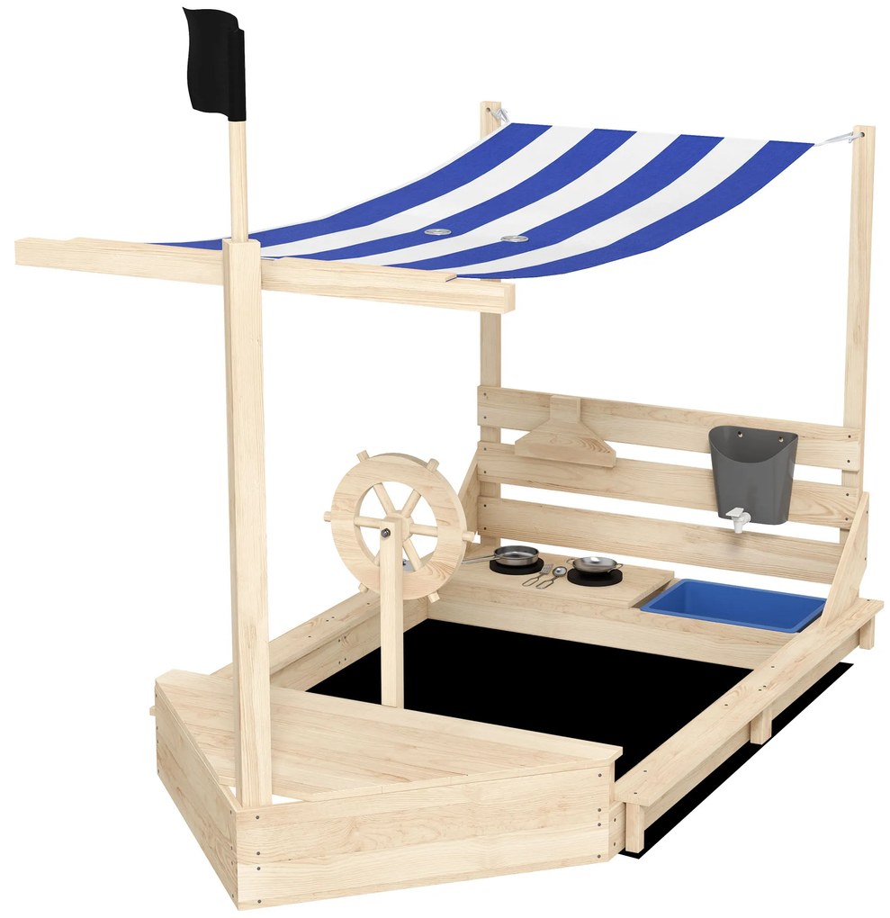 Outsunny Piaskownica w kształcie statku pirackiego z zestawem kuchennym, z ochroną przeciwsłoneczną, z naturalnego drewna, 180 x 103 x 144,5 cm