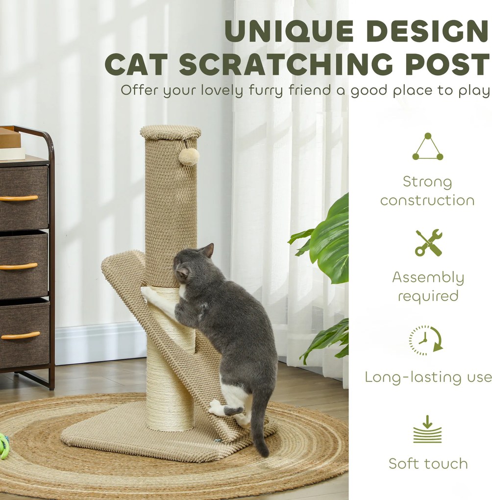 PawHut Drapak dla kotów z poduszką, słupem i piłką, dywanik i sizal, 84 cm, Jasnobrązowy