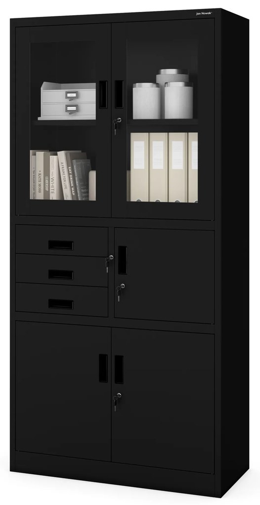 Biurowa szafa metalowa z sejfem na akta i dokumenty FILIP, 900 x 1850 x 400 mm, czarna