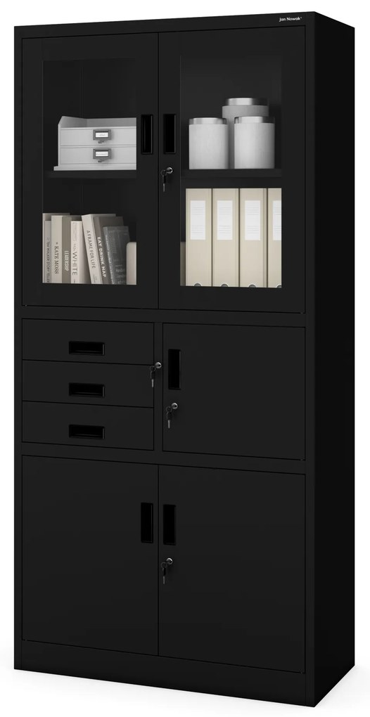 Szafa biurowa metalowa z sejfem, szklane drzwi, czarna, 900x1850x400 mm: FILIP
