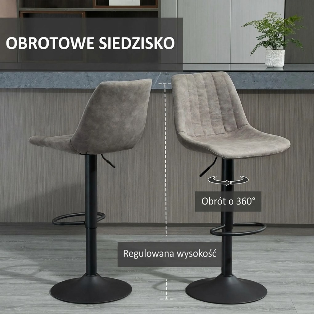 HOMCOM Stołki barowe regulowane retro szare czarne z podnóżkiem wygodne krzesła kuchenne do wyspy | Aosom PL