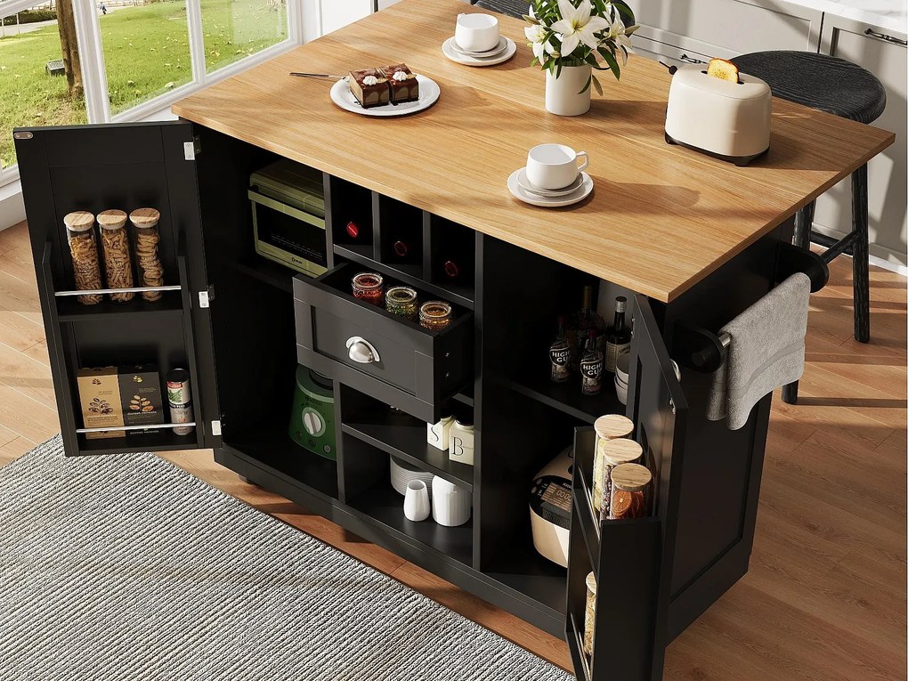 Mobilna wyspa kuchenna 140×70×93,5 cm - 1 szuflada i 2 drzwi - rozsuwana blata - z kółkami - czarna