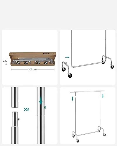 SongmicsHome Wieszak na ubrania IRENE na kółkach, max. 130 kg, 150x45x160 cm, srebrny