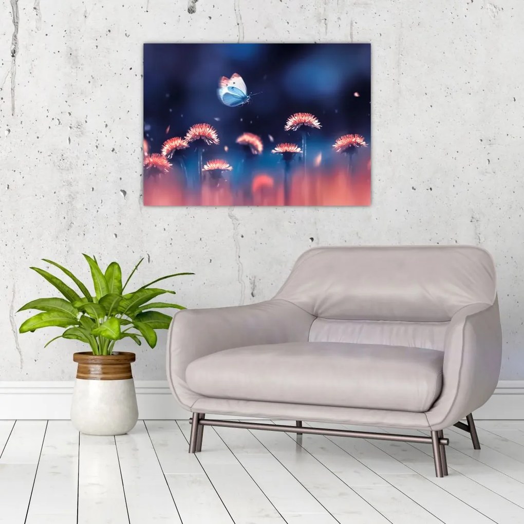 Obraz na szkle dmuchawca z niebieskim motylem (70x50 cm)