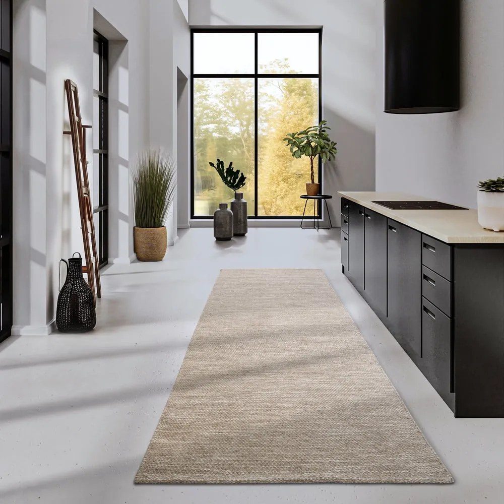 Beżowy chodnik z mieszanki wełny tkany ręcznie 80x200 cm Pradesh Linen White – Elle Decoration