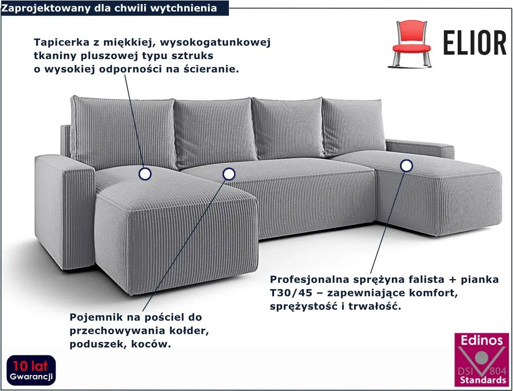 Jasnoszary narożnik sztruksowy z funkcją spania M2-M83