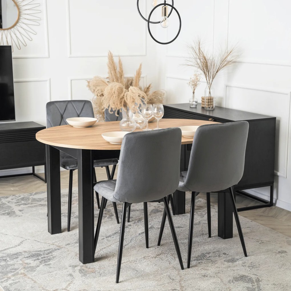 Zestaw Stół Okrągły Rozkładany HARRY 102-142 cm Dąb Craft/Czarny i 4 Krzesła Tapicerowane ROBIN Szare Nowoczesne